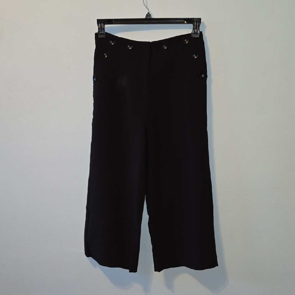 Black Cropped Wide-Leg Pants with Button Details